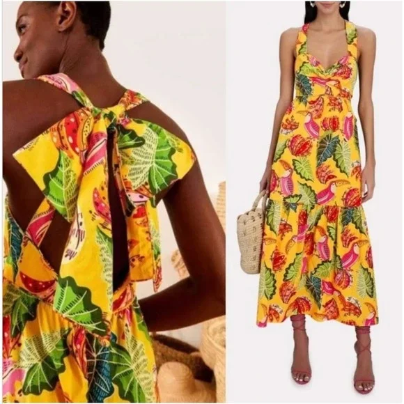 Farm Rio Yellow Tropical Toucan Banana Print Tiered Tie Back Maxi Dress Cotton