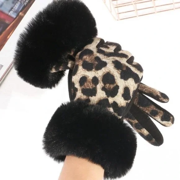 LEOPARD GLOVES WITH FAUX FUR TRIM