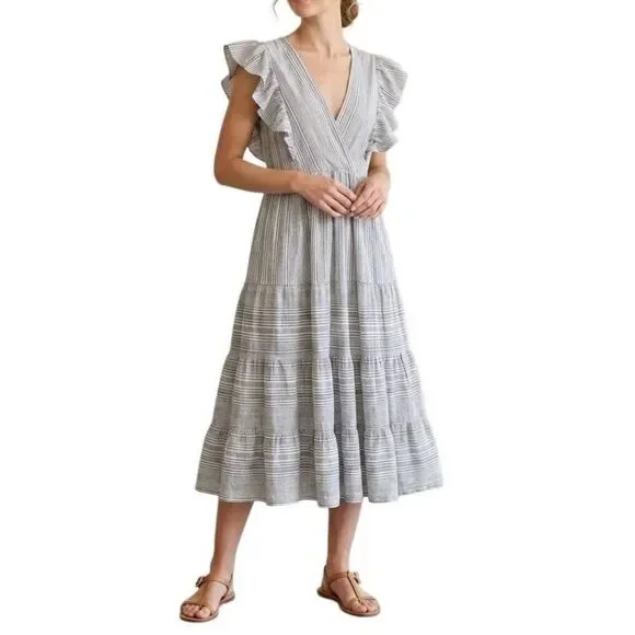 Storia flutter sleeve White & Navy striped crinkle v-neck midi dress womens S
