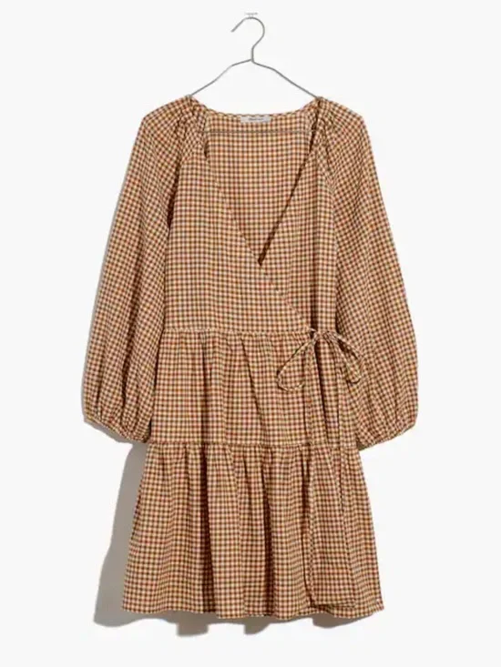 Madewell Gingham Puff Sleeve Wrap Dress Size XS Rust/Brown Cottagecore Feminine