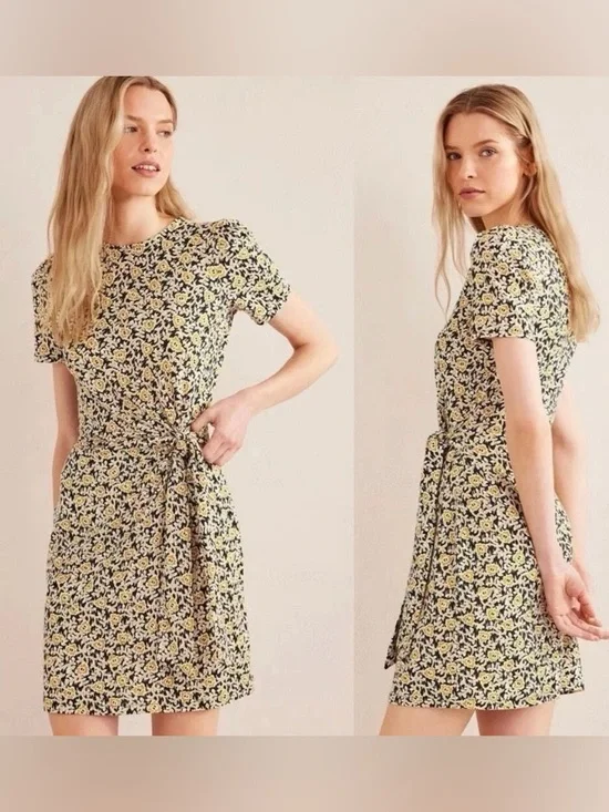 Boden Knot Front Floral Print Jersey Dress, Black/Clover Swirl size 6 R