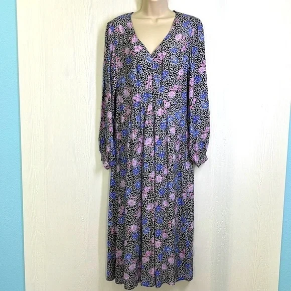 Loft - Colorful Floral Long Sleeve V Neck Ruched Midi Dress Size 6