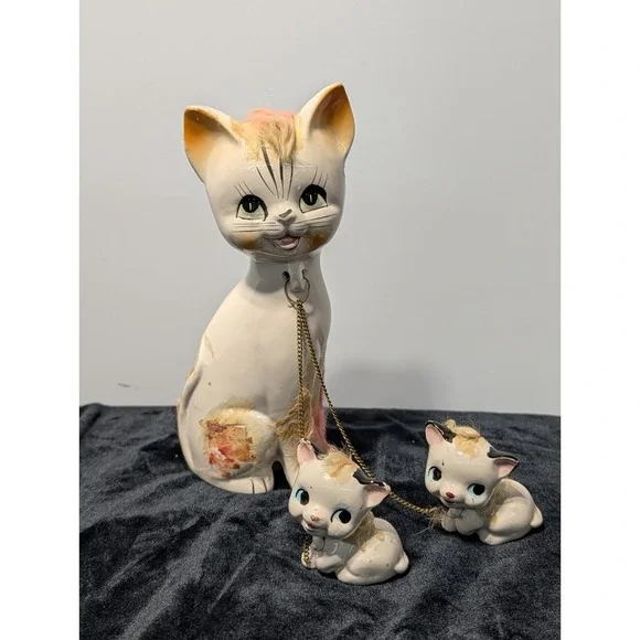 VTG‎ Spaghetti Cat Mom & Kittens Japan 1950s MCM Ceramic Kitsch Collectible Fig