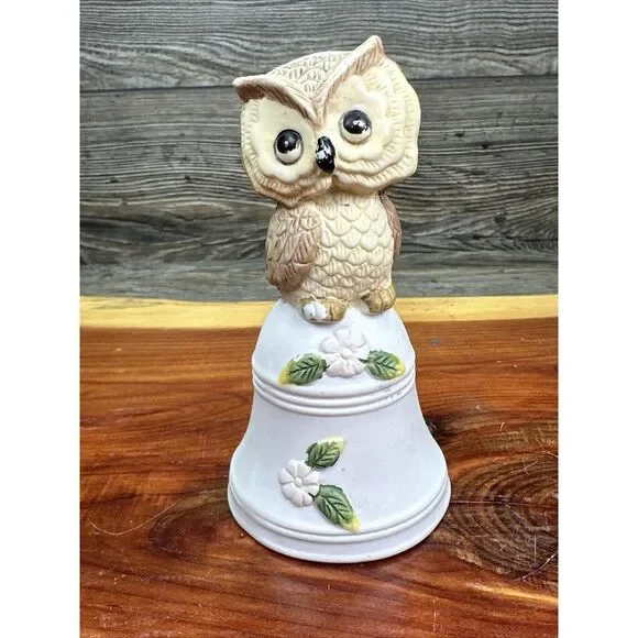 Vintage‎ Owl Bell Ceramic Horned Pink Flowers Taiwan Big Eyes 5ins