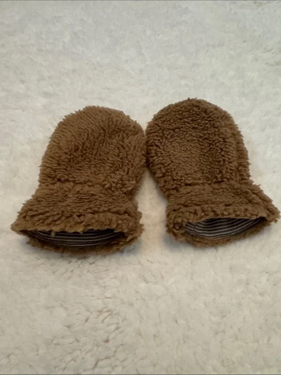 Carter's Tan Sherpa Baby Mittens with Striped Cuff