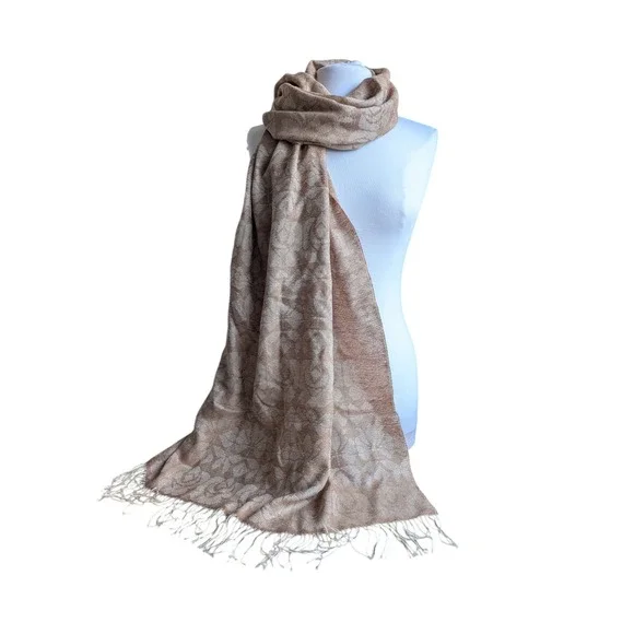 Kuna Alpaca & Silk Rose Print Scarf Wrap‎ Shawl Sand Brown Gold