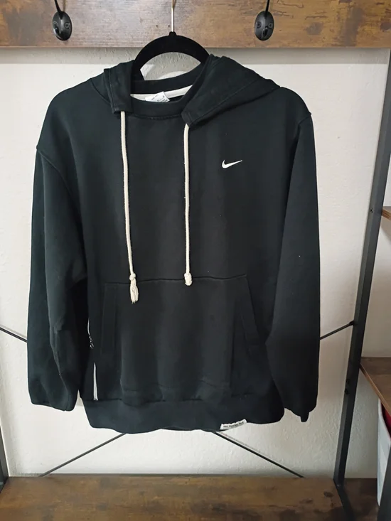 Nike Black Hoodie with White Swoosh and Cream Drawcords