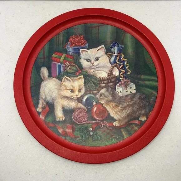 Vintage Style Round Metal Cat‎ Christmas Tray Graphic Print