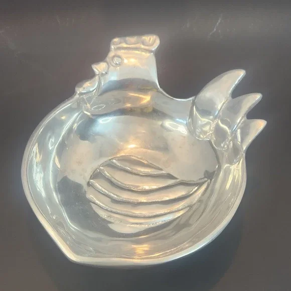 Vintage Chicken Cast Aluminum Decor Bowl Nut Dish Mid Century Modern MCM Rooster