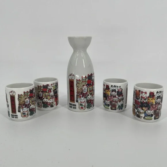 Sake Bottle And Cup 5 Pc Set Porcelain Ware Maneki Neko Lucky Cat No Chips EUC
