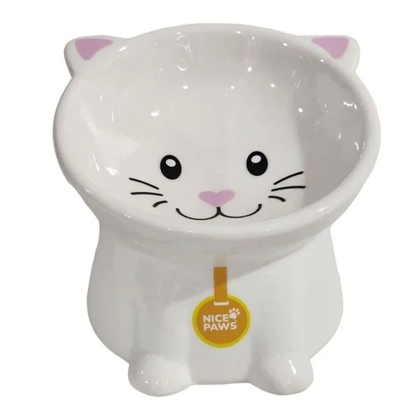 Nice Paws Ceramic Tilted And Elevated Kitty Cat Food Bowl‎ White 4