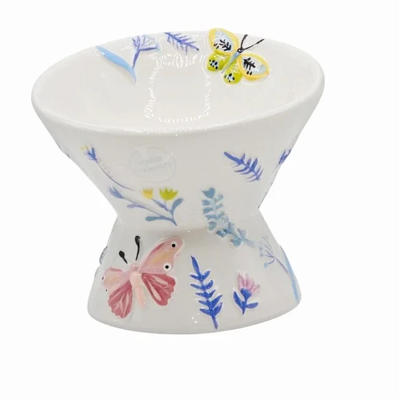 Mellow & Mod Raised Ceramic Cat Food Water Bowl‎ Butterfly Embossed Hand Painted