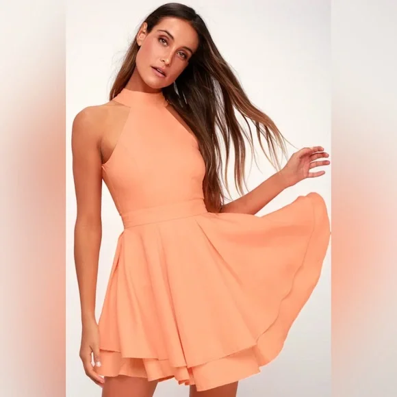 Lulus Dress Rehearsal Bright Peach Skater Mini Dress Halter Neck Open Back‎ Sz M