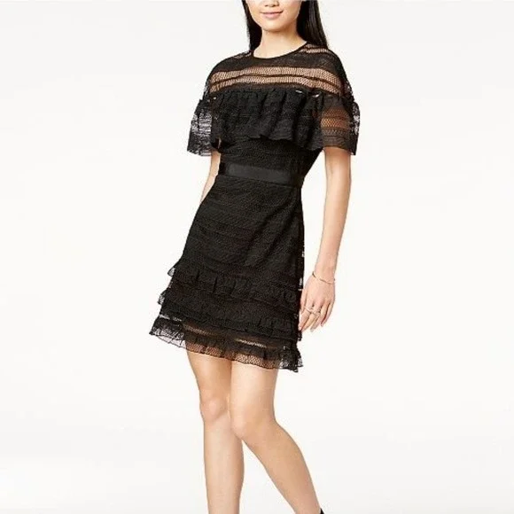 Mare Mare Black Lace Ruffle Tiered Short Sleeve Cocktail‎ Dress Party Womens S/M