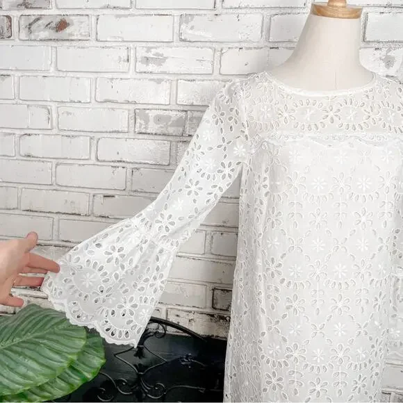 J. Crew White Embroidered Eyelet Lace Bell Sleeves Shift Mini Midi Dress 2