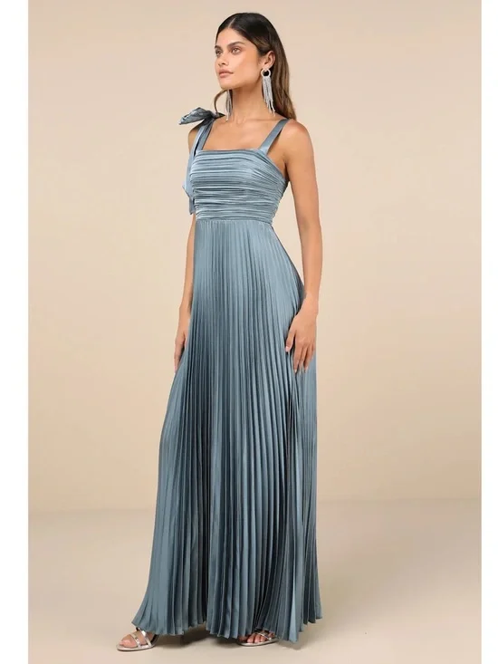 NWT Lulu’s Gorgeous Purpose Slate Satin Pleated Sleeveless Bow Maxi Dress Small