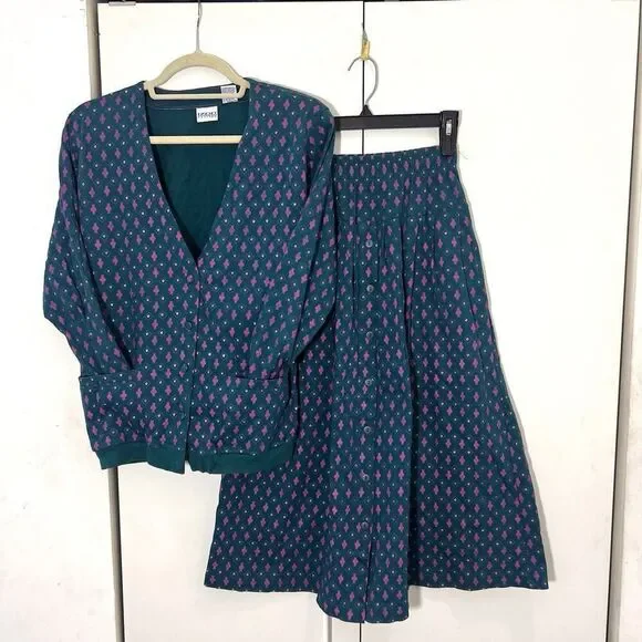 Vintage Izod Cardigan Midi Skirt 2 Piece Set Size S micro floral Cottagecore Pra