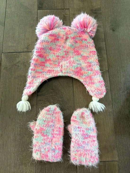 The Children's Place Pink Multicolor Fuzzy Pom Earflap Hat & Mittens