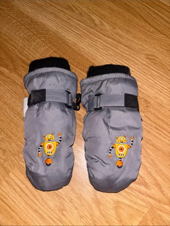 3M Thinsulate Gray Kids Mittens with Orange Robot Embroidery