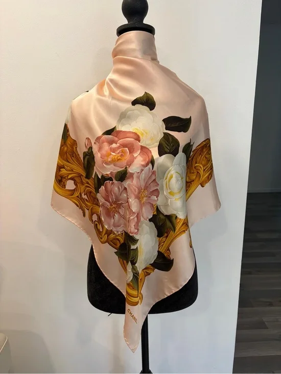 Chanel Silk Scarf Floral Camellia Pink Gold Hand Rolled