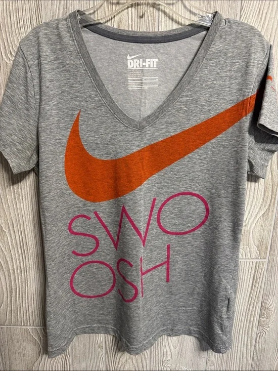Nike Gray Dri-FIT Short Sleeve Tee with Orange Swoosh and Pink Logo