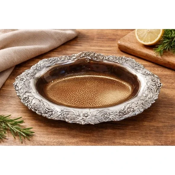 Vintage Silver Rich Brand Plastic Serving Bowl Silver Tone‎ Floral Brown Insert