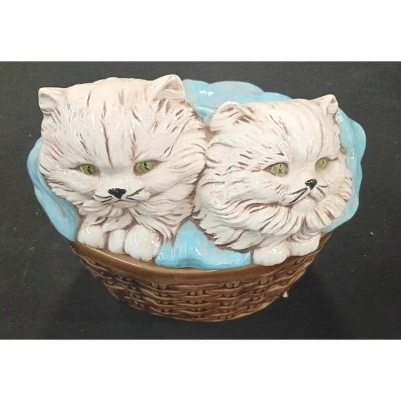 Large Ceramic Cats in a Basket Storage Lid Persian Vintage Hand Painted Signed‎