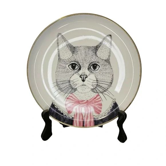 Pier 1 Imports Decorative Plate‎ Cat Face Pink Bow Collar Gold Rim Fine China