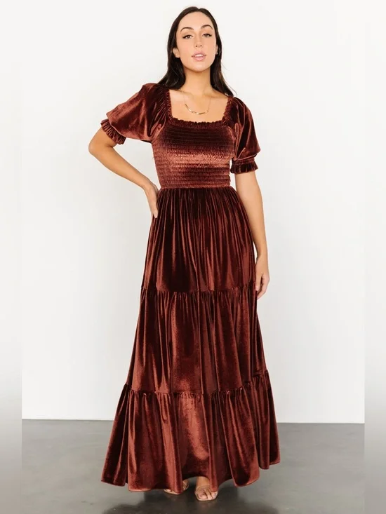 Baltic Born Velvet Clara Smocked Maxi Dress Brown NWT Size L Boho Fairy Cottage