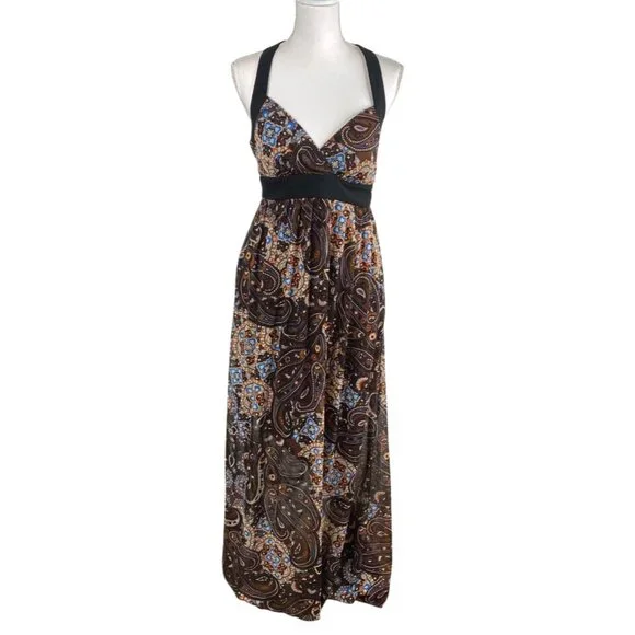 Bisou Bisou Michelle Bohbot Dress Babydoll Halter Maxi Brown Sz 8 Resort Boho
