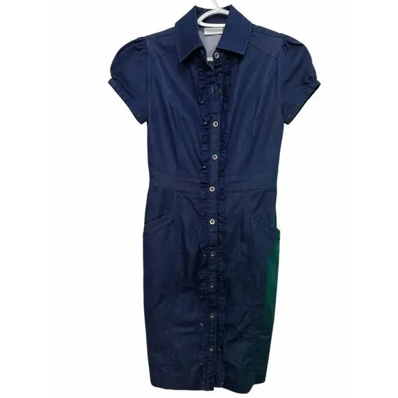 New York & Company Womens Dress XS Blue Denim Style Button Up Cap Sleeve Collar
