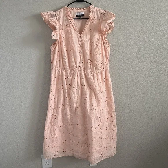 Eloquii Sz 18 Maxi Dress Eyelet Ruffle Flutter Sleeve Cinched Waist Blush Lined