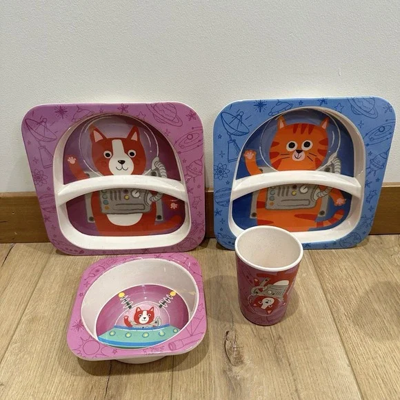 Kids‎ Melamine Plates Dishes Set Fabulous Home Bowl Cup Astronaut Cat Dog