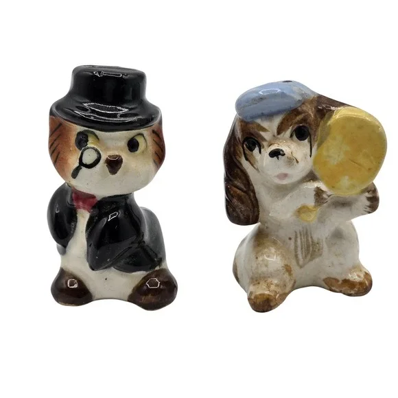 Vintage Anthropomorphic Dog & Cat Salt Pepper Shakers Ceramic Hand Painted‎ Set