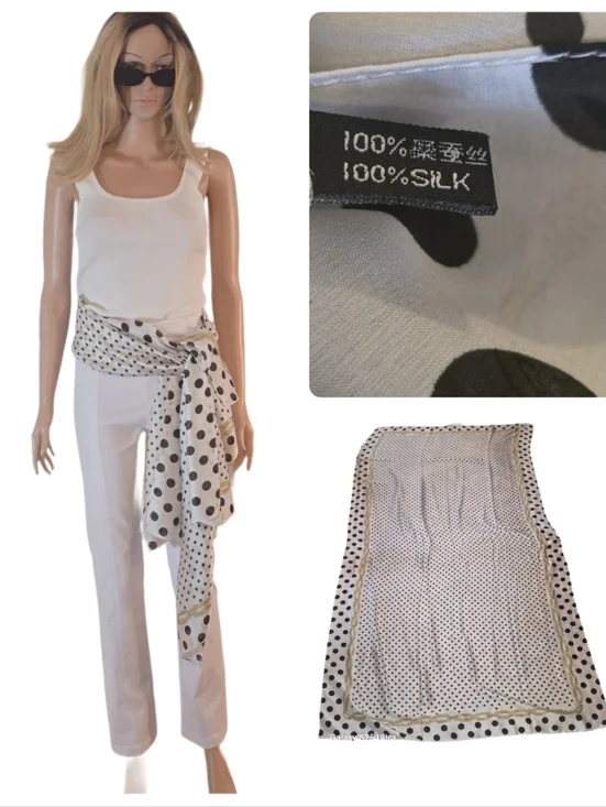 Silk Polka Dot Wrap Scarf - Cream Black 76