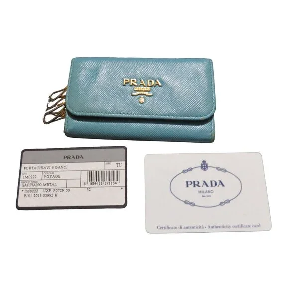 PRADA Voyager Italian Saffiano Leather Metal 6 Key Holder Cobalt Turquoise Blue