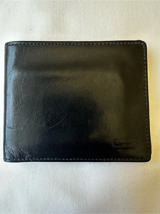 Coach Black Leather BiFold Wallet Men’s ID Window Card Holder Billfold
