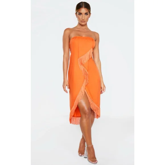 PrettyLittleThing Orange Fringed Strapless Midi Dress Size 4