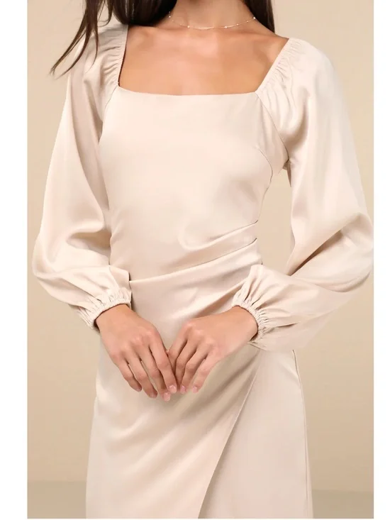 NWT Lulu’s Eternal Heart Champagne Satin Long Sleeve Maxi Dress Extra Large Chic