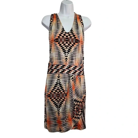 BCBGMAXAZRIA Halter‎ Deep V-Neck Dress Aztec Geo Stretch Orange Navy XS NWT