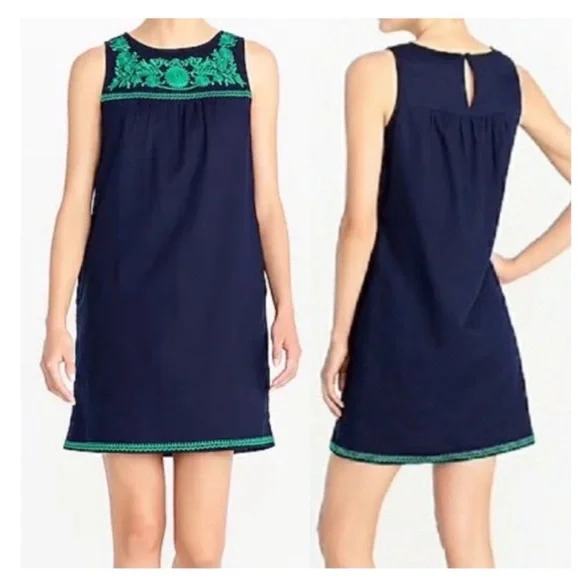 J Crew linen embroidered shift‎ dress, navy and green, with pockets XS, bohemian