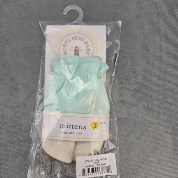 Burt's Bees Organic Cotton Baby Mittens 3 Pack Mint, White & Gray 0-6M