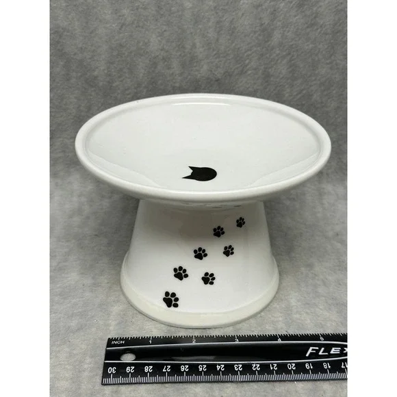 Necoichi Raised Cat‎ Food Bowl White Ceramic Paw Print Happy Dining Kitten