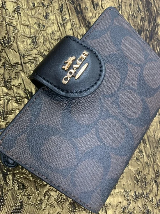 Coach Men's Brown and Black Signature Card Holder Wallet with Gold Logo