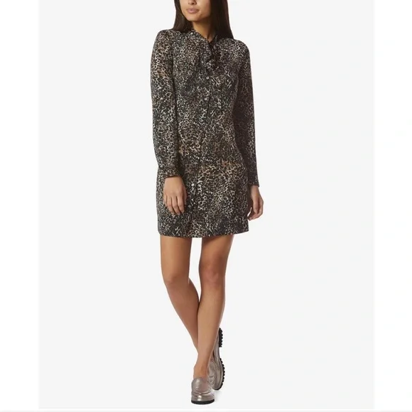 Avec Les Filles | Women’s Black/Tan Long-Sleeve Leopard Print Shirt Dress Size M