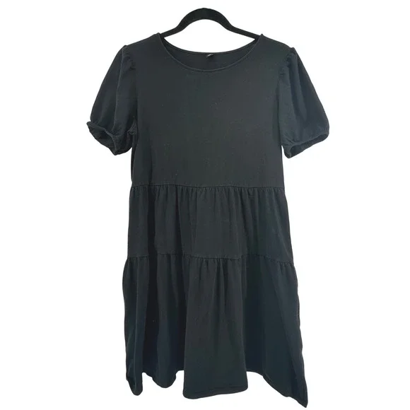 Uniqlo Tiered Mini Dress Womens L Black Beachy Boho Capsule Puff Sleeve