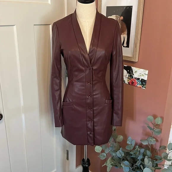 Superdown Nia faux leather Merlot mini buttons long sleeve blazer style S dress