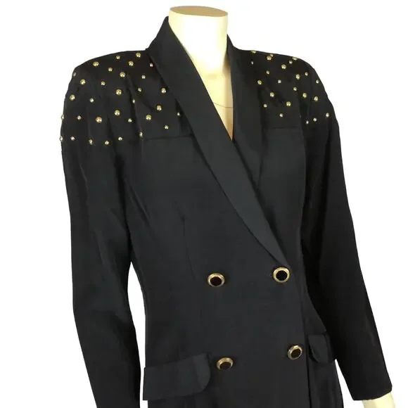 Vintage 1980s E.D. Michaels Studded Black Gold Blazer Coat Dress small