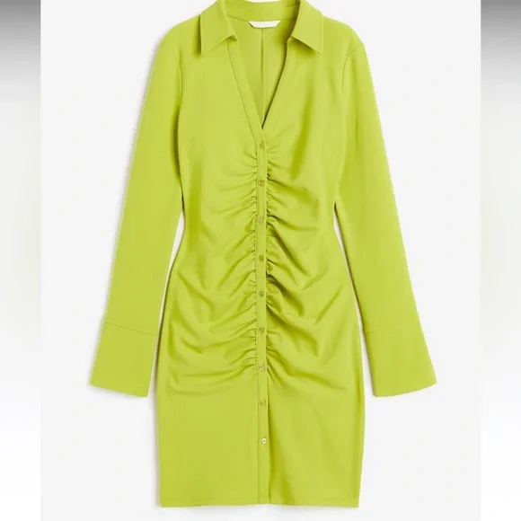 HM New Green Button Front Draped Dress XL Chic Collared Shirt Dress Cocktail
