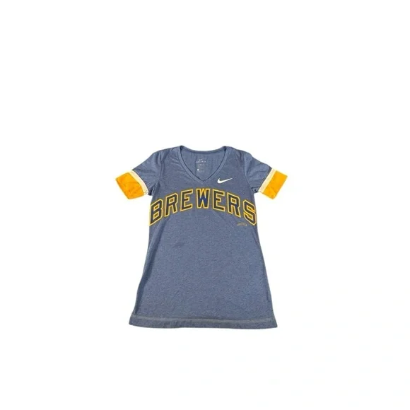 Nike Milwaukee Brewers Womens Dri-Fit V-Neck Shirt Blue Small Flaw